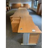 3x (no.) shaped front light oak veneer desks, 8x (no.) rectangular light oak veneer desks and 13x (