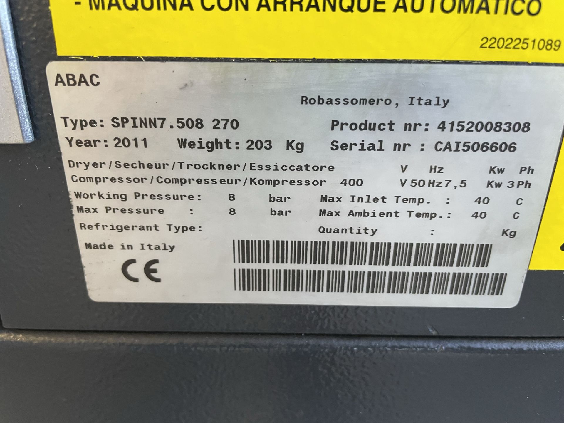 ABAC, Spinn7.508 27D receiver mounted rotary screw air compressor, Serial No. CAI506606 (DOM: 2011), - Image 3 of 4