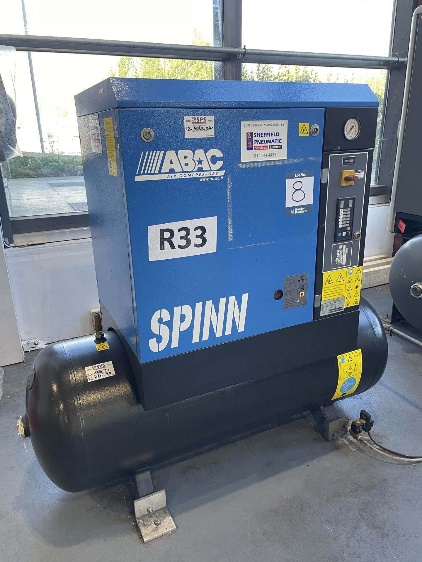 ABAC, Spinn7.508 27D receiver mounted rotary screw air compressor, Serial No. CAI506606 (DOM: 2011),