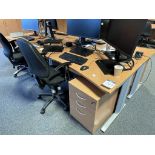 4x (no.) curved front light oak veneer desks, 4x (no.) operator chairs and 4x (no.) pedestals