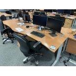 4x (no.) curved front light oak veneer desks, 4x (no.) operator chairs and 3x (no.) pedestals