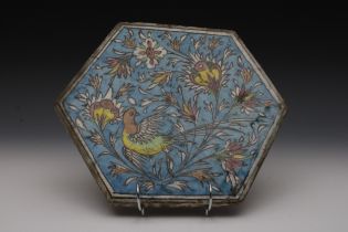 A Persian Hexagonal Formed Tile Decorated with Birds and Flowers from the 19th Century. L: