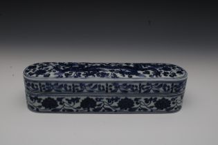 A Chinese Blue & White Doucai Porcelain Pen Box Hand Painted with Dragon and Floral Designs. H: