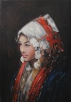 A Chinese Signed Oil Painting on Fabric Depicting a Chinese Lady in Traditional Clothing from the