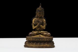 A Tibetan Bronze Gilt Buddhist Vajradhara Statue from the 19th Century. H: Approximately 12.8cm Part