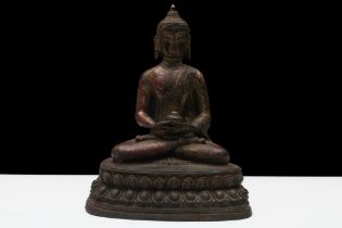 A Tibetan or Nepalese Large Bronze Gilt Bhumisparsha Buddhist Statue. H: Approximately 23cm