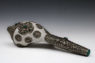 A Large Chinese Tibetan White Metal Conch Shell Horn with Turquoise and Coral Stones. H: