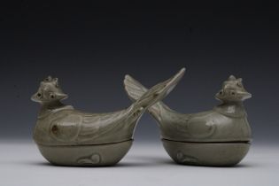 A Pair of Chinese Celadon Mandarin Duck Covered Dish. H: Approximately 10.5cm W: Approximately 16cm