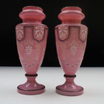 A Pair of Victorian Pink Opaline Hand Painted Glass Vases from the 19th Century. H: Approximately