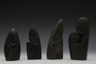 A Lot of 4 African Carved Black Stone Figures. H: Approximately 10.1 - 12.8cm