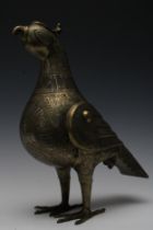 An Islamic Bronze Incense Burner in the Shape of a Bird with Silver Inlay and Islamic Calligraphy.