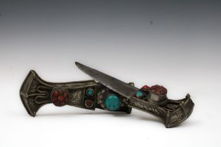 A Chinese Tibetan White Metal Short Knife with Turquoise and Coral Stones Used to Cut Meat and for