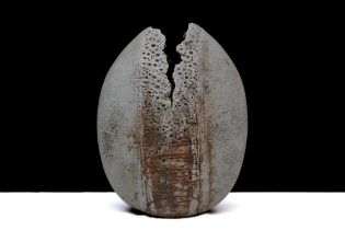 ALAN WALLWORK (1931-2019). A large Split Form Vase, Stoneware with Rubbed Glaze, Picked with Iron