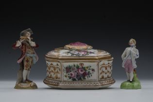 A Lot of a European Porcelain Miniature Jewellery Box, 1 Porcelain Meissen Gallant Figure and 1