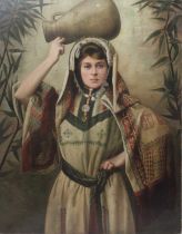 A Rare Late 19th - Early 20th. Century Oil Painting of Lady Wearing a Palestinian Traditional