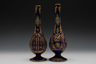 A Pair of Hand Painted Dark Blue Glass Perfume Bottles from the Early 20th Century. H: Approximately