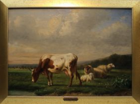 A Louis-Pierre Verwee Belgium(1807-1877) 'Cow and Sheep’s in Landscape' Oil on Canvas Painting.