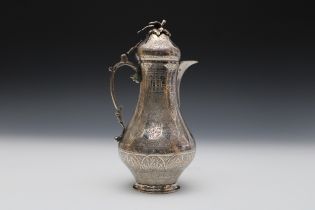 An Islamic Silver Coffee Pot Decorated with Islamic Calligraphy with Rose and Bird Finial. H: