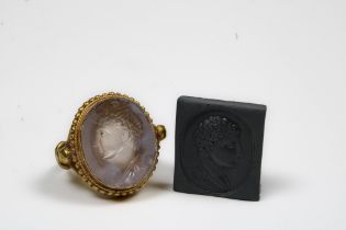 A Gold Ring with White Chalcedony Agate Intaglio of the Head of a Roman Deity Ring Size: US7.25 UK16