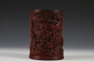 A Chinese Wooden Brush Pot with Decoration of Trees and People. Height: Approximately 12cm Length: