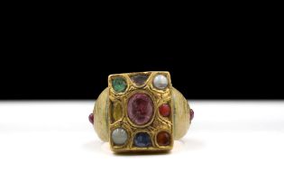 An Indian Navaratna Gold and Enamel Ring with Real Stone. Ring Size: US7.5/ UK16.5