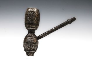 A Chinese Tibetan Silver Opium Smoking Pipe. Weight: 136g H: Approximately 11.5cm