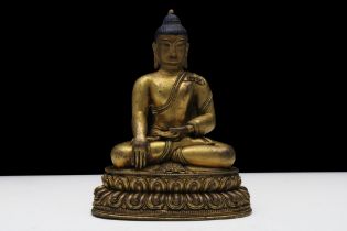 A Fine Tibetan or Nepalese Bronze Gilt Buddhist Statue from the 18-19th Century. H: Approximately