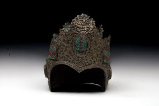 A Chinese Tibetan White Metal Ceremonial Crown Adorned with Turquoise and Coral Gems. H: