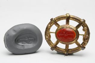 A European Medieval Brooch with a Carnelian Engraved Gem from the 14th Century.