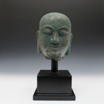 A Chinese Bronze Head of a Luohan Probably from Yuan- Ming Dynasty H with Stand: Approximately