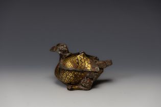 A Rare Chinese Bronze Figure of a Bird with Gold & Silver Inlay with Lovely Patina. H: Approximatel