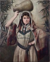 A Rare Late 19th - Early 20th. Century Oil Painting of Lady Wearing a Palestinian Traditional Clothi