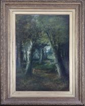 English School Circa 1870 A Woody Landscape with Figures Amongst Trees Oil on Canvas 76 x 51cm In