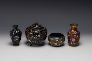 A Collection of a Japanese Bronze Enamel CloisonnÃ© Lidded Jar and Vases. H: 5- 9.5cm