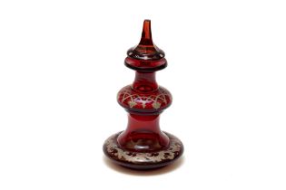 An Antique Bohemian Ruby Glass & Enamel Perfume Bottle from the 19th Century H: Approximately 16cm