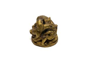 A Chinese Bronze Gilt Paperweight Depicting 2 Dragons. L: Approximately 7cm