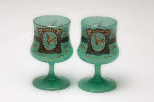 A Pair of Antique Bohemian Green Uranium Glass Wine Goblets Depicting Floral Patterns from the 19th