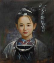 A Chinese Signed Oil Painting on Fabric Depicting a Woman in Traditional Clothing from the 20th Cent
