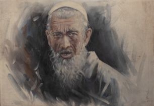 A Chinese Signed Oil Painting on Fabric Depicting an Elderly Man. Approximately 91x61cm