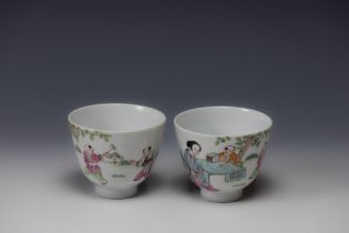 A Pair of Chinese White Ground Famille Rose Porcelain Cups with Character Marks to the Base.

H: App