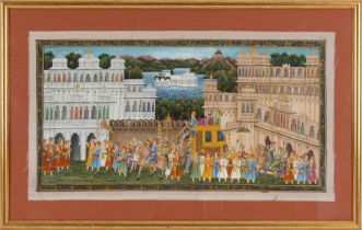 An Indian Mughal Style Painting on Silk Depicting a Wedding Scene. Approximately 44x23.5cm