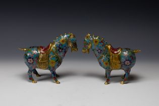 A Pair of Chinese Brass Cloisonne Enamel Figures of Horses. H: Approximately 15cm