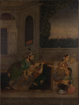 A Large Indian Mughal Style Painting on Fabric Depicting 3 Women and a Man. Approximately 114x84cm