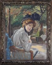 French School 
Circa 1900 
A Half-Length Portrait of Lady Holding a Letter & Seated in a Garden,
Oil