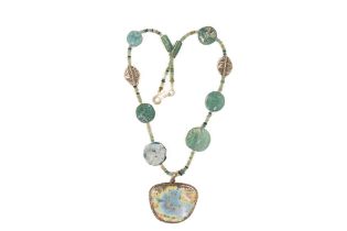 A Silver and Roman Glass Bead Necklace with a Large Circular Pendant with Lovely Patina. L: Approxi