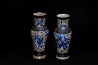 A Lot of 2 Chinese Vases Depicting Soldiers on Horses with Character Marks on the Base. 