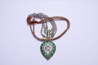 An Indian Gold Pearl Enamel Pendant Necklace with Jade Beads. L: Approximately 50cm