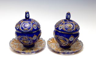 A Pair of Large Bohemian Blue Glass Bombiniers with Lids and Chargers Made for the Islamic Market.

