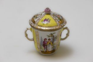 A Vintage German Yellow Porcelain Sugar Pot Depicting 2 Women in a Landscape with Floral Patterns. 