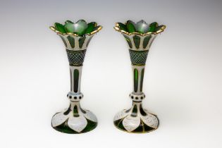 A Pair of Antique Bohemian Emerald Green Glass Lustres.

H: Approximately 25cm 